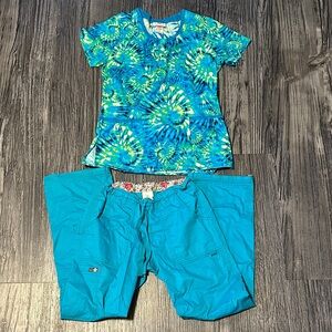 Women's Blue and Green Scrub Set.